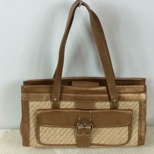 Kate Landry tan straw and bronze leather bag